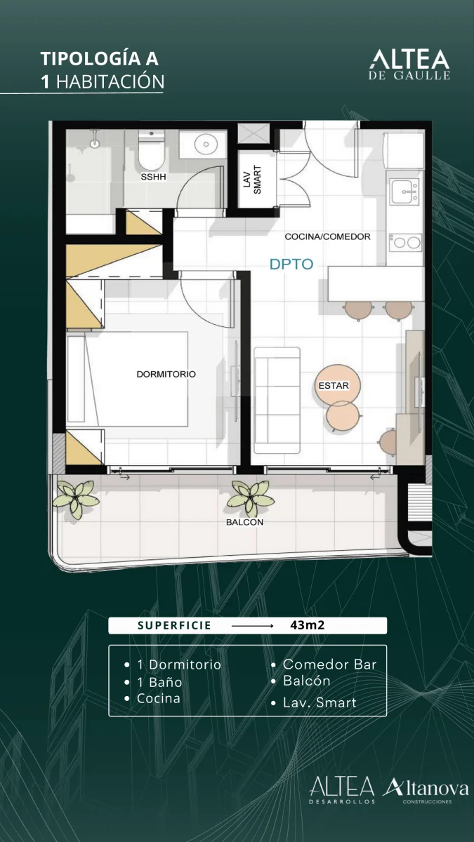 1 Habitación — 43 m²