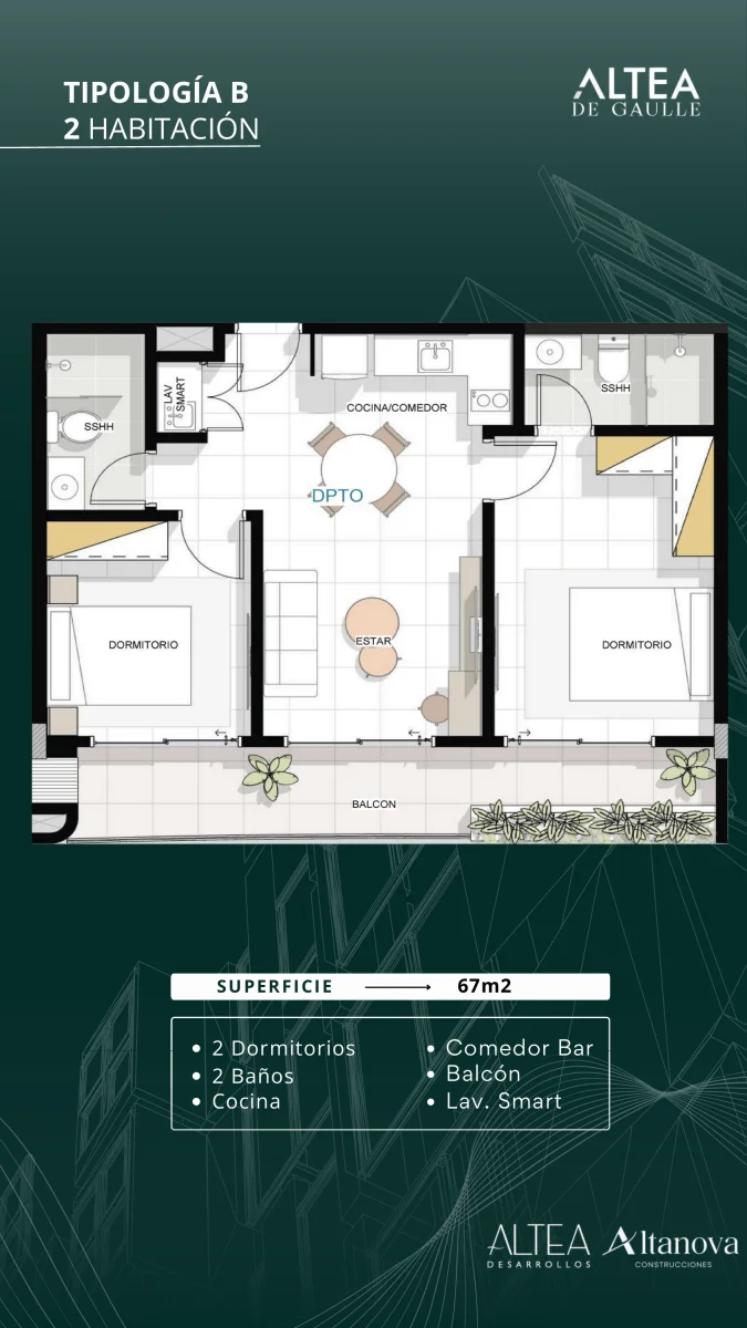 2 Habitaciones — 67 m²