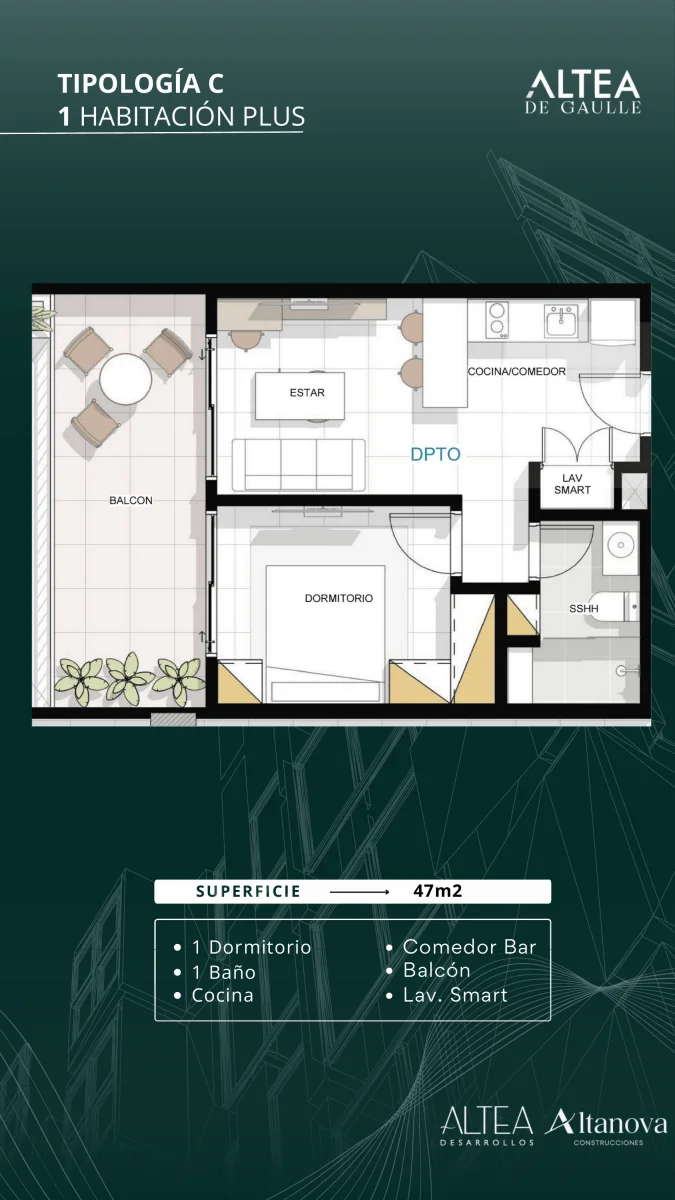 1 Habitación Plus — 47 m²