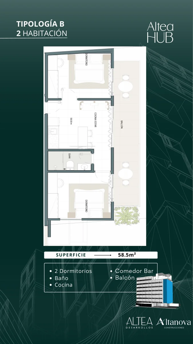 2 Habitaciones — 58,5 m²