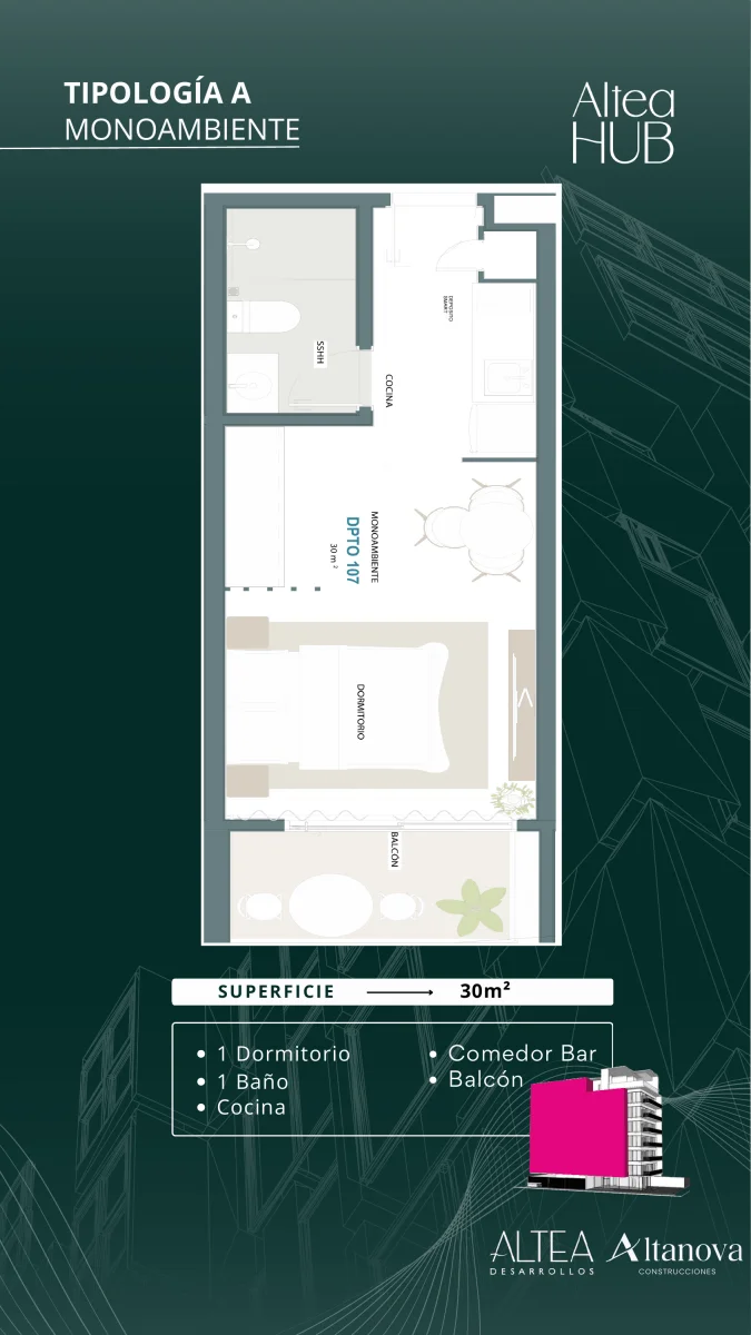 Monoambiente — 30 m²