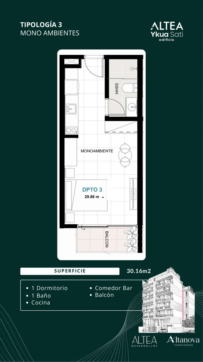 Monoambiente — 30 m²