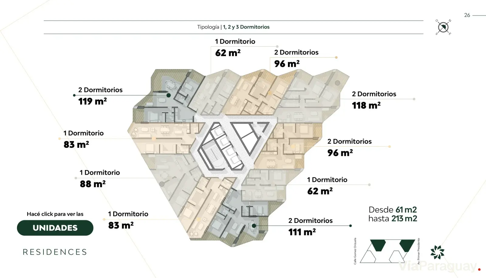 Planta tipo — 1, 2 y 3 dormitorios