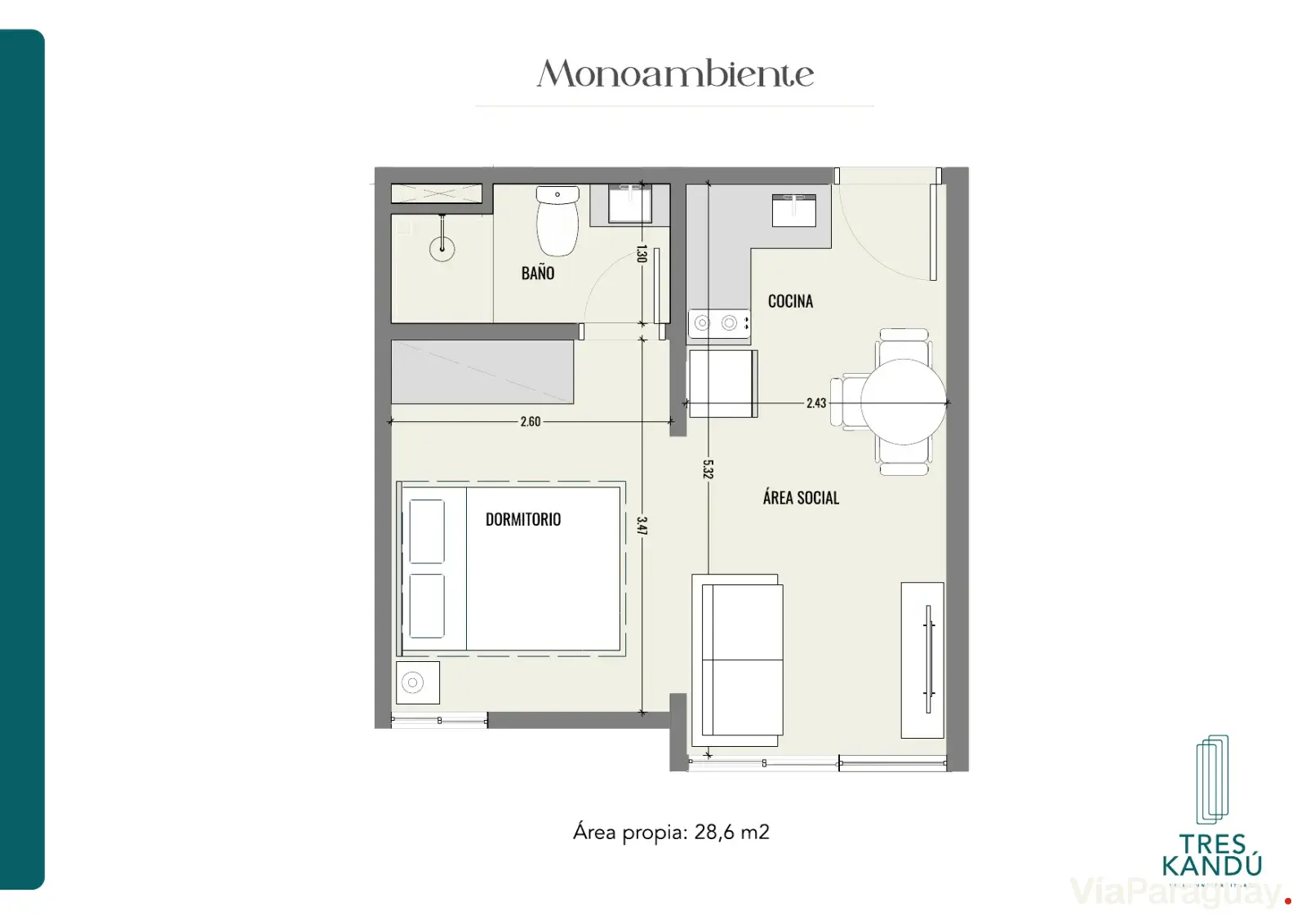 Monoambiente — 28,6 m² (Variante B)