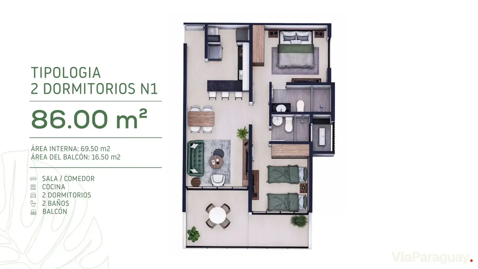 2 Dormitorios N1 — 86 m²