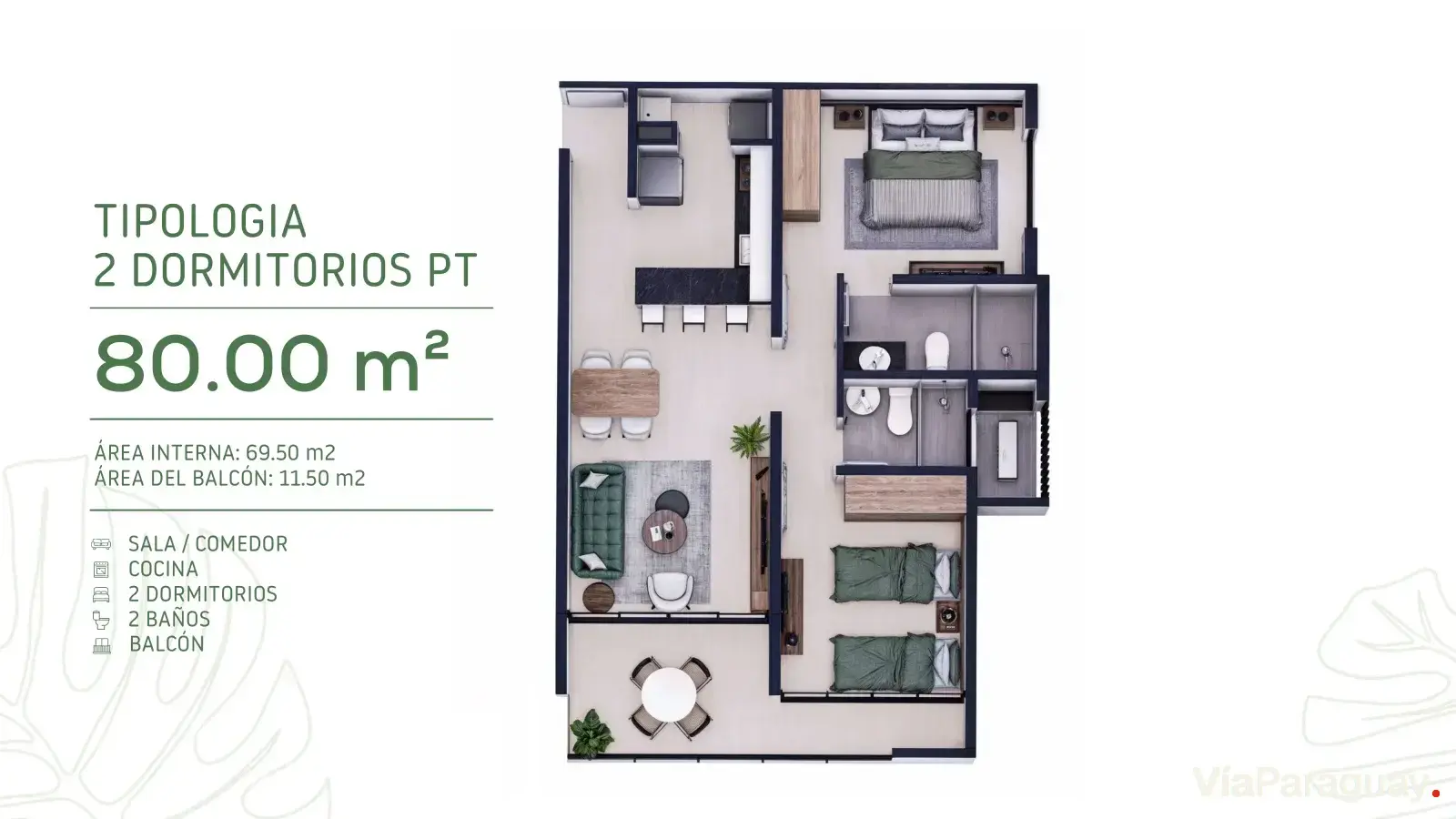 2 Dormitorios Penthouse — 80 m²