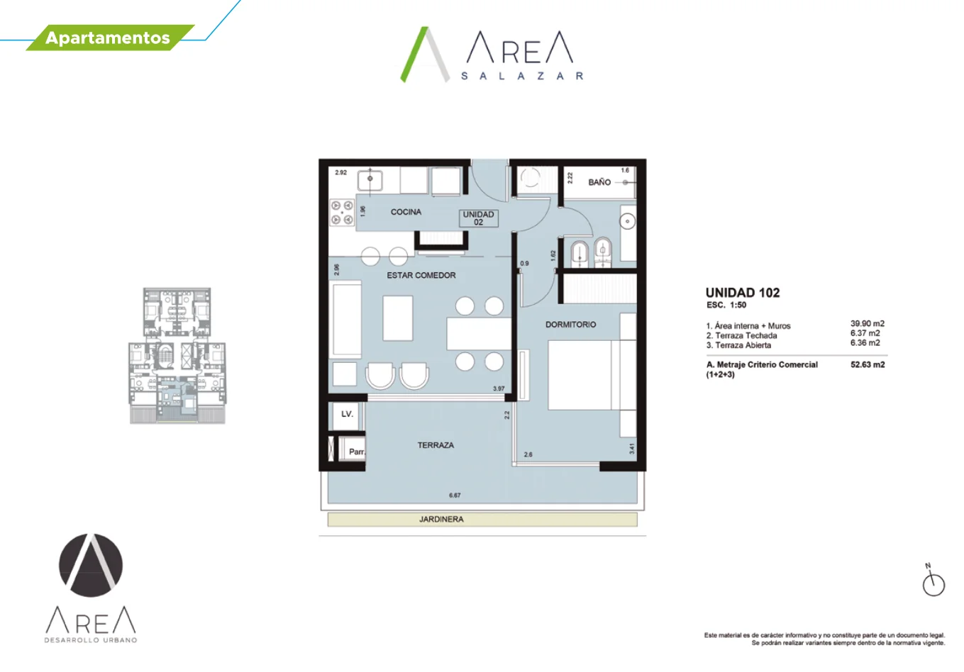 1 dormitorio — 52,63 m² | Orientación Norte