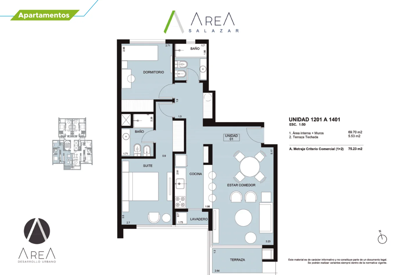 2 dormitorios con suite — 75,23 m²
