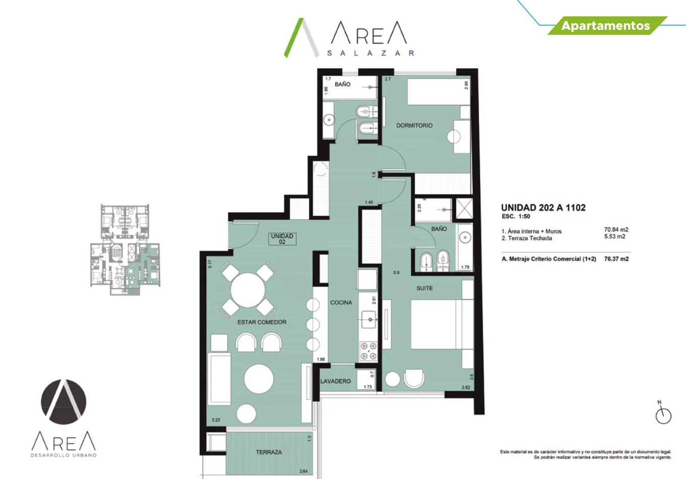 2 dormitorios con suite — 76,37 m²