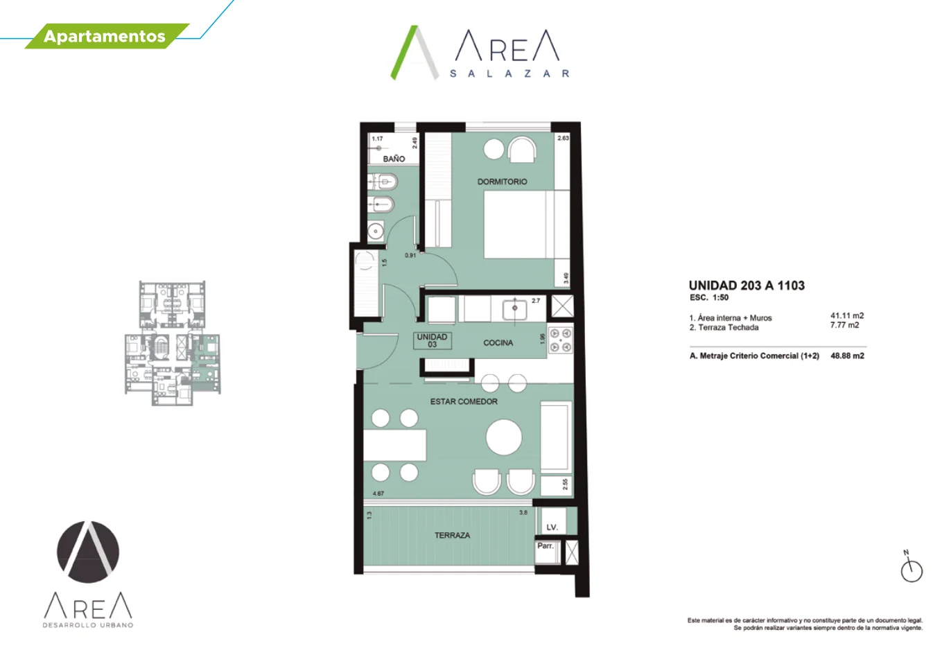 1 dormitorio — 48,88 m² | Orientación Norte