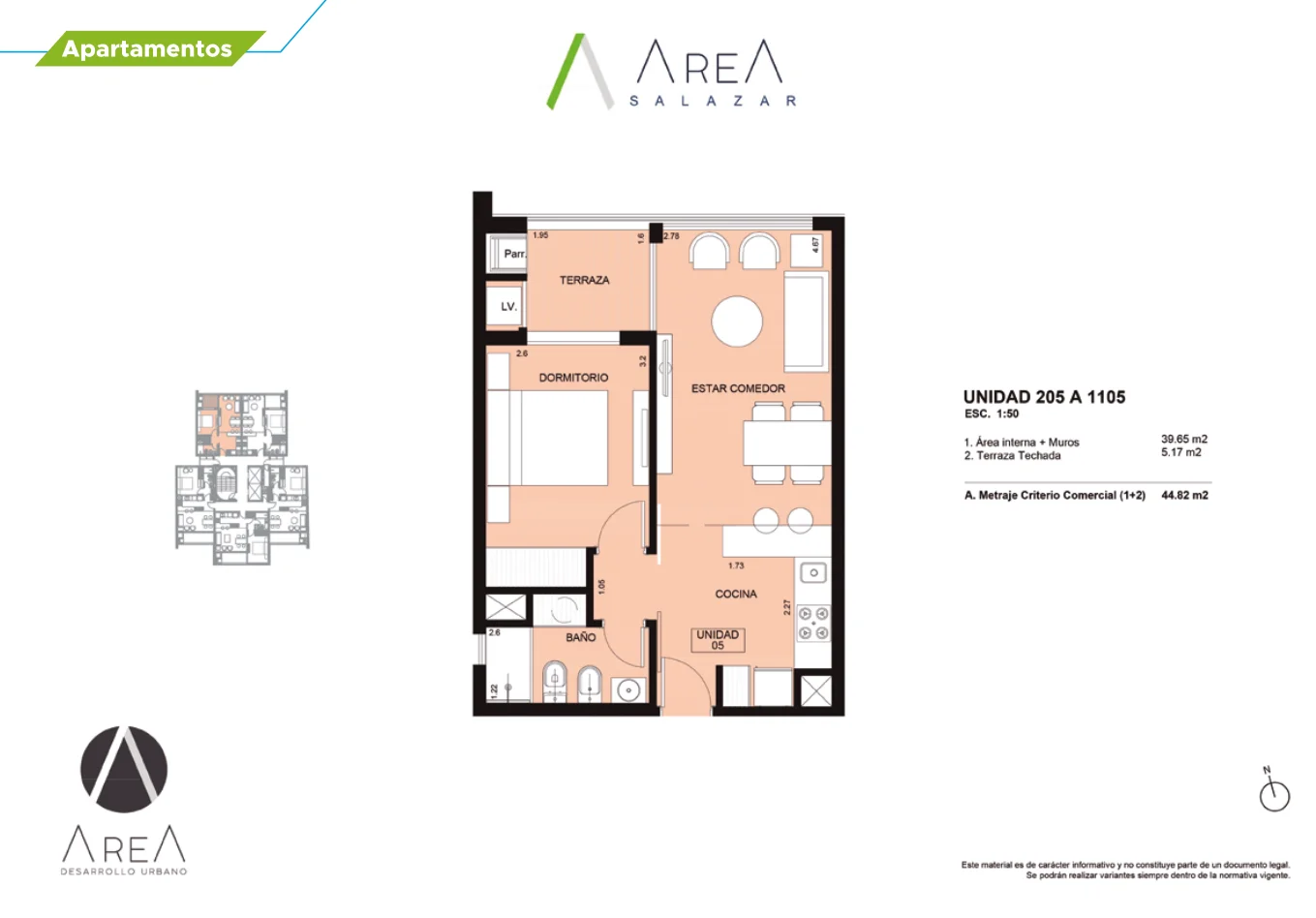 1 dormitorio — 44,82 m² | Orientación Sur