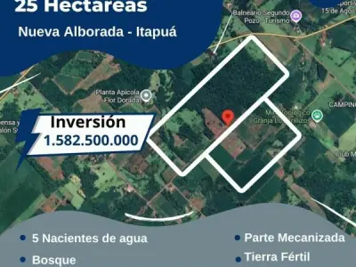 Terreno rural de 25 hectáreas en venta en Nueva Alborada, Itapúa 1